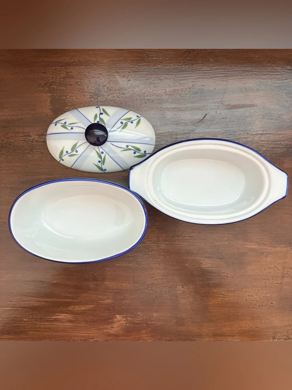Vntg 3 Piece Cook Street Butter Boat Blueberry Floral Vine Water Cooled Butter